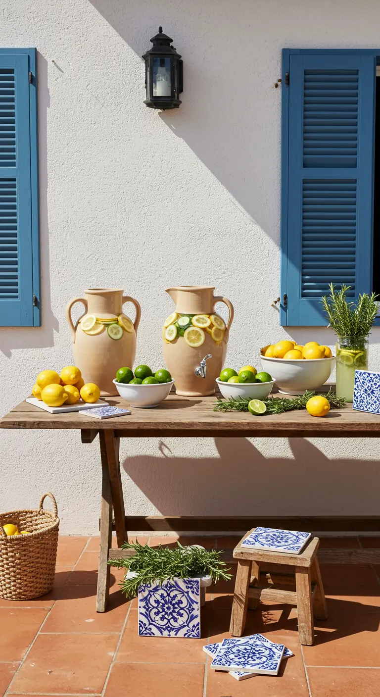 Mesa de madera rústica con jarras de terracota y limonada estilo mediterráneo.