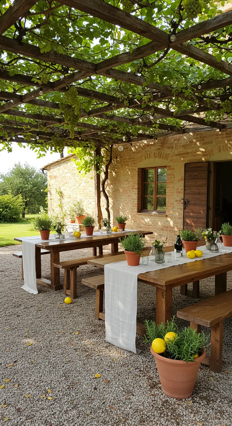 Mesas de picnic de madera bajo una pérgola cubierta de parras, decoradas con limones y plantas.