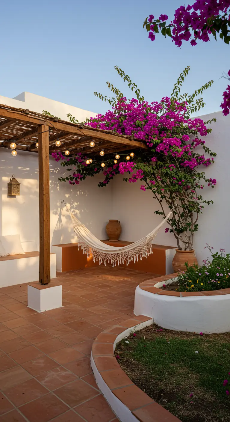 Patio mediterráneo con paredes blancas, hamaca de macramé y buganvillas.