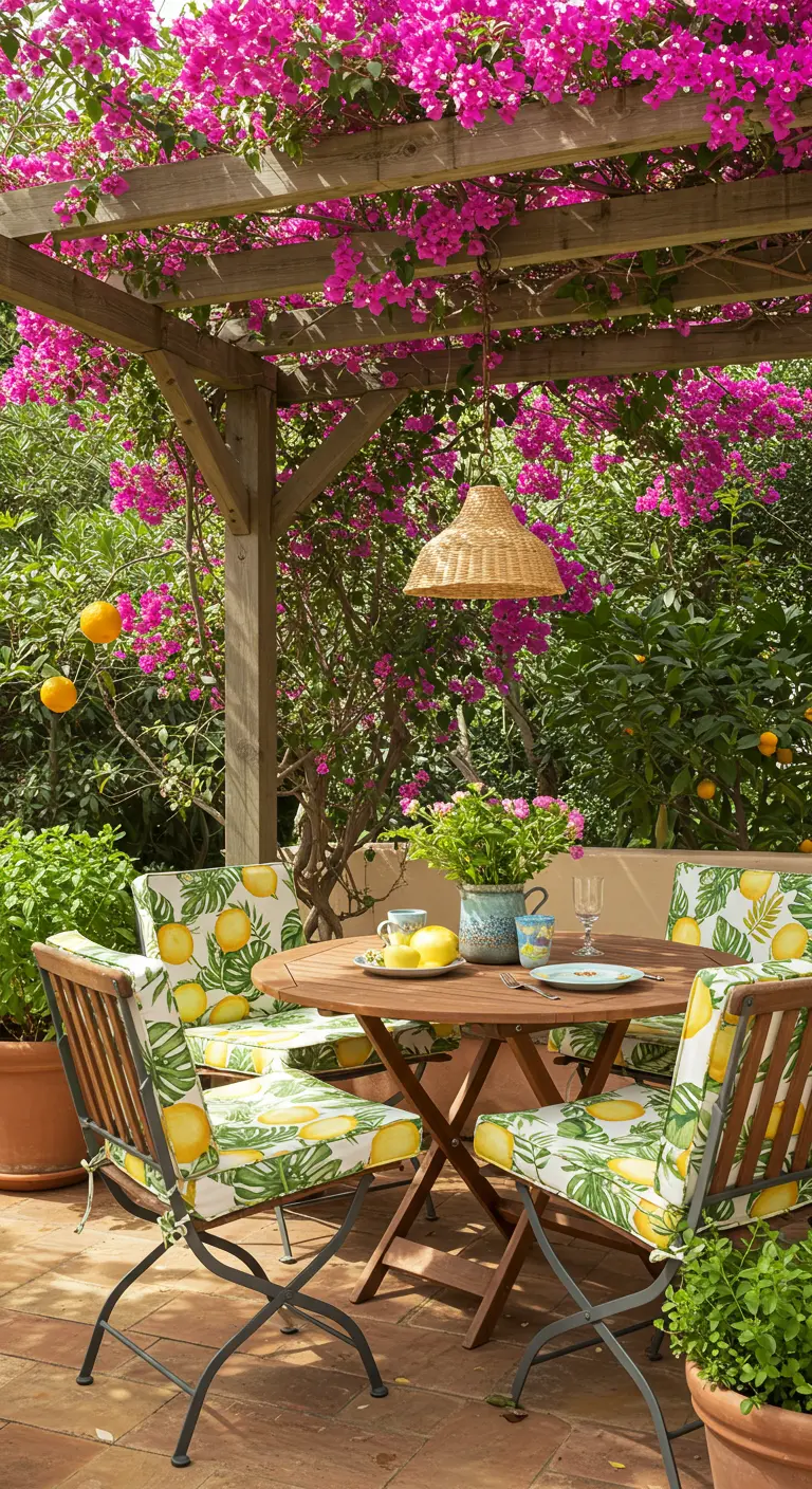 Comedor exterior bajo una pérgola cubierta de buganvillas, con sillas tapizadas de limones.