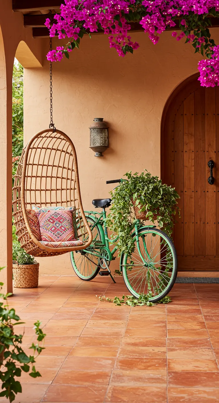 Bicicleta verde bajo buganvillas en un porche de terracota con una silla colgante