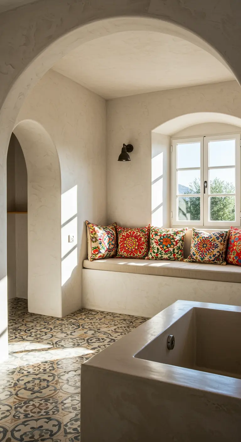 Baño de estilo mediterráneo con arcos, banco de obra con cojines coloridos y suelo de baldosas.