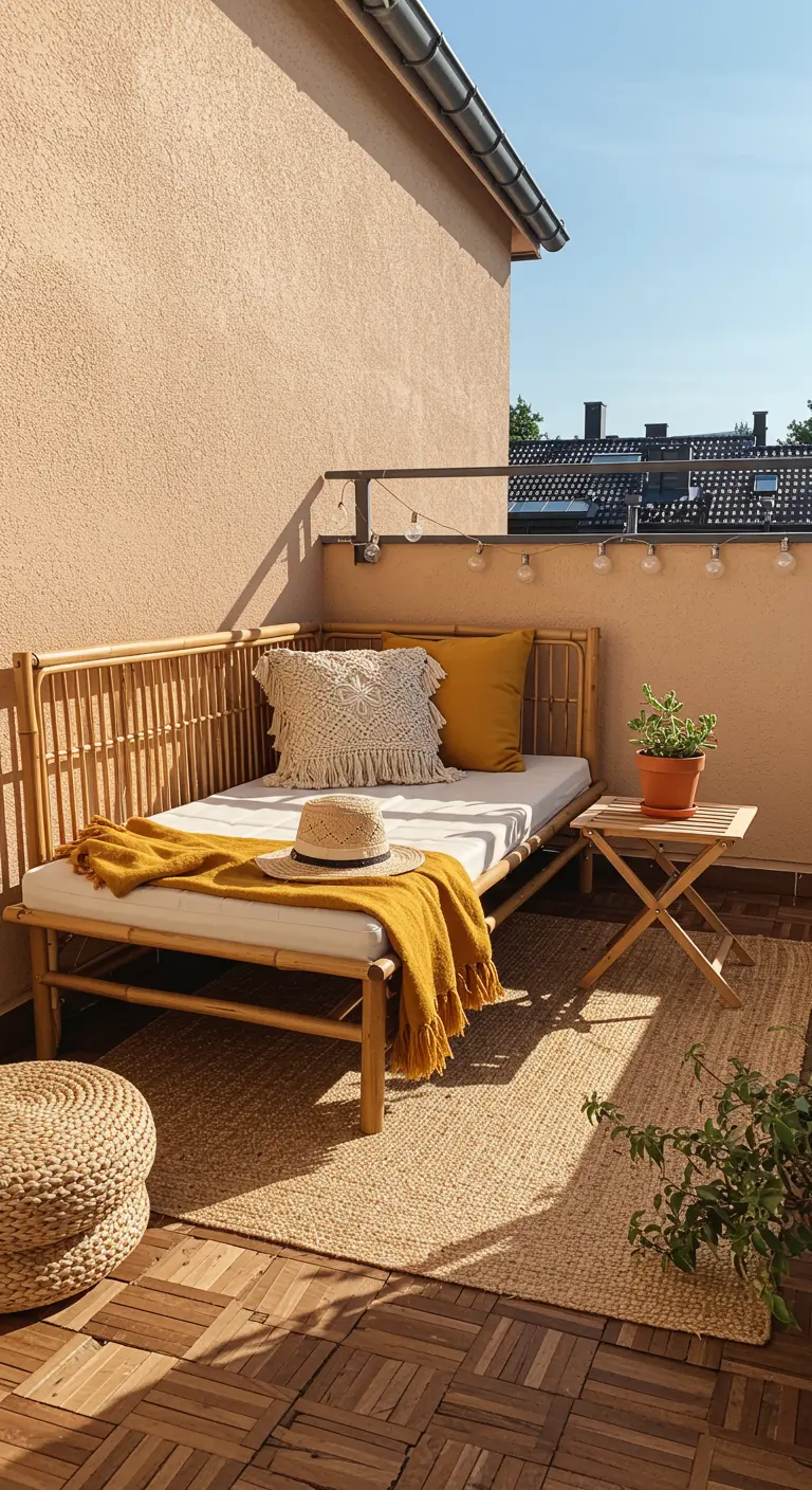 Diván de bambú con cojines amarillos y mesita plegable en una terraza con alfombra de yute.