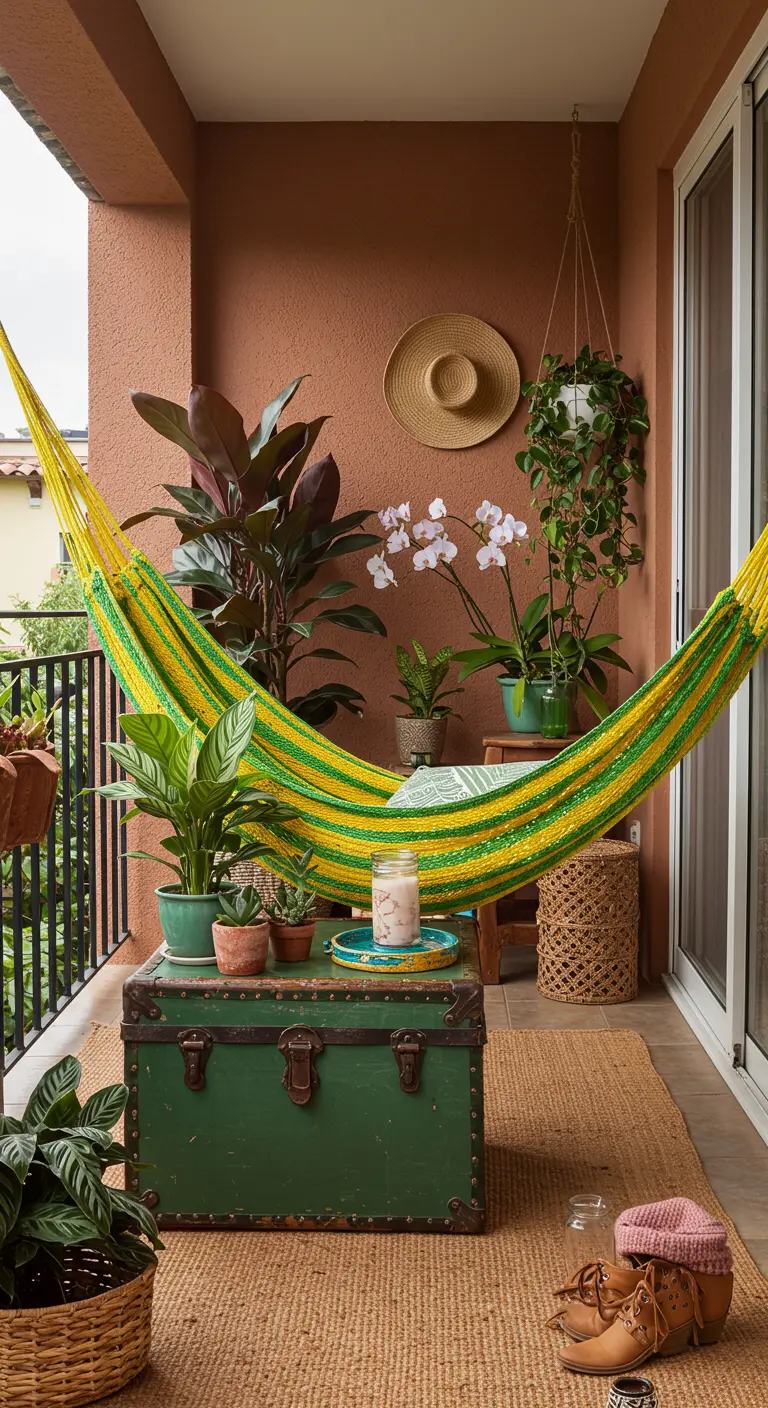 Balcón bohemio con una hamaca de rayas amarillas y verdes, un baúl verde como mesa y varias plantas.