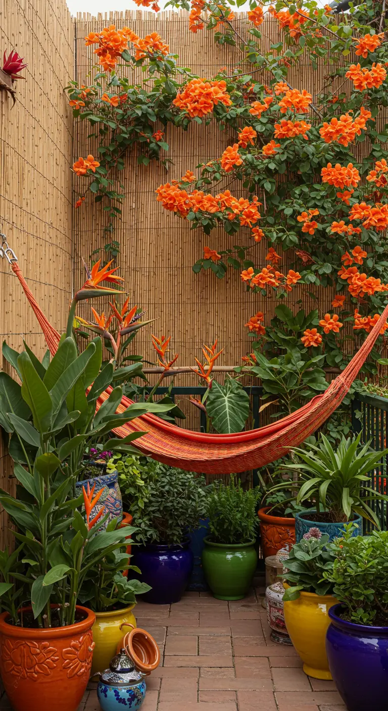 Patio tropical con una hamaca naranja, macetas de colores vivos y una enredadera de flores naranjas.