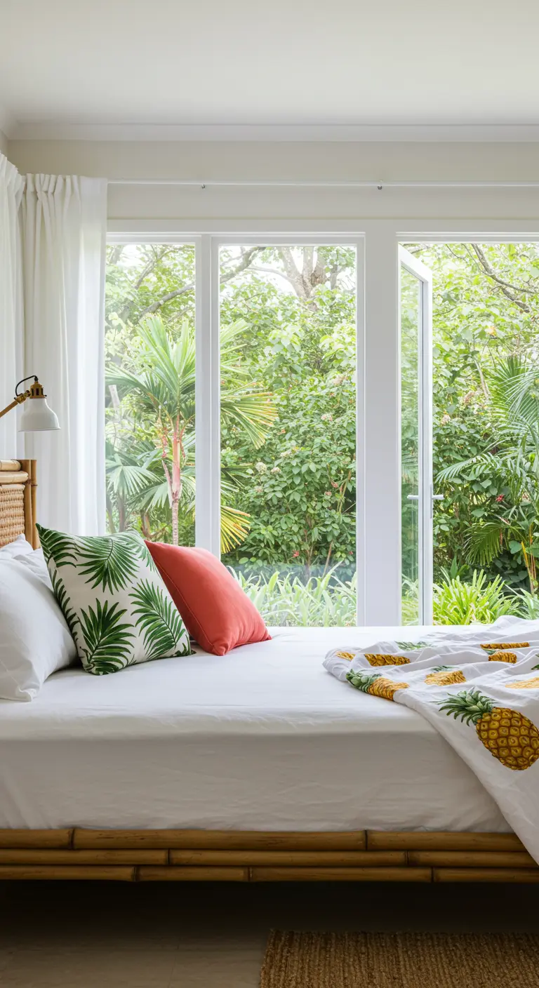 Cama de bambú con cojines de hoja de palmera y una manta con estampado de piñas.