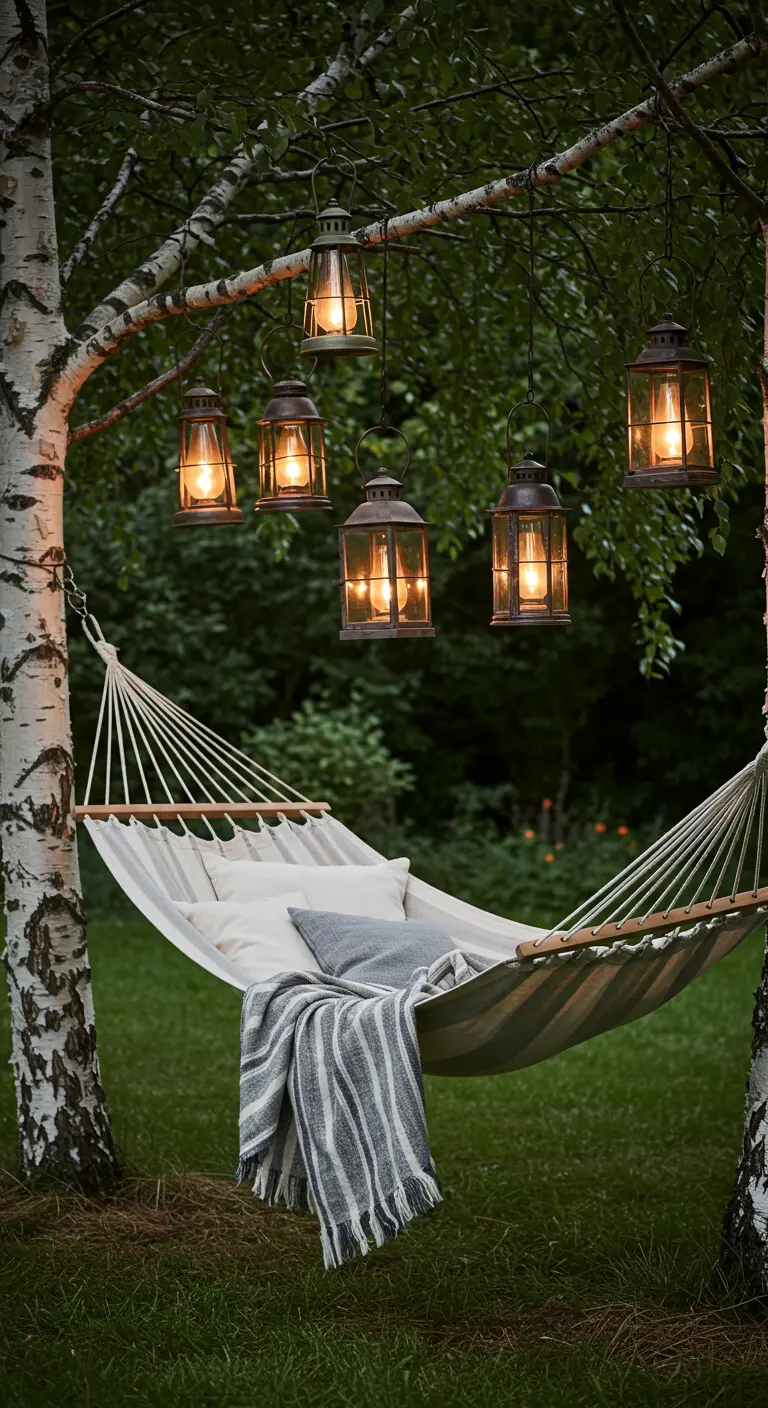 Hamaca colgada entre dos árboles con una manta y un grupo de faroles rústicos colgando encima.