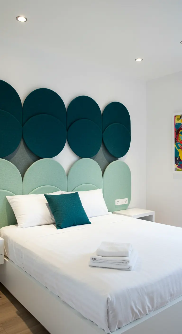 Composición de paneles acústicos de fieltro en formas redondeadas y colores verdes y azules como cabecero