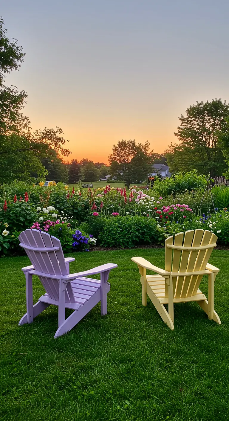 Dos sillas de madera Adirondack, una lila y otra amarilla, en un jardín frente al atardecer.