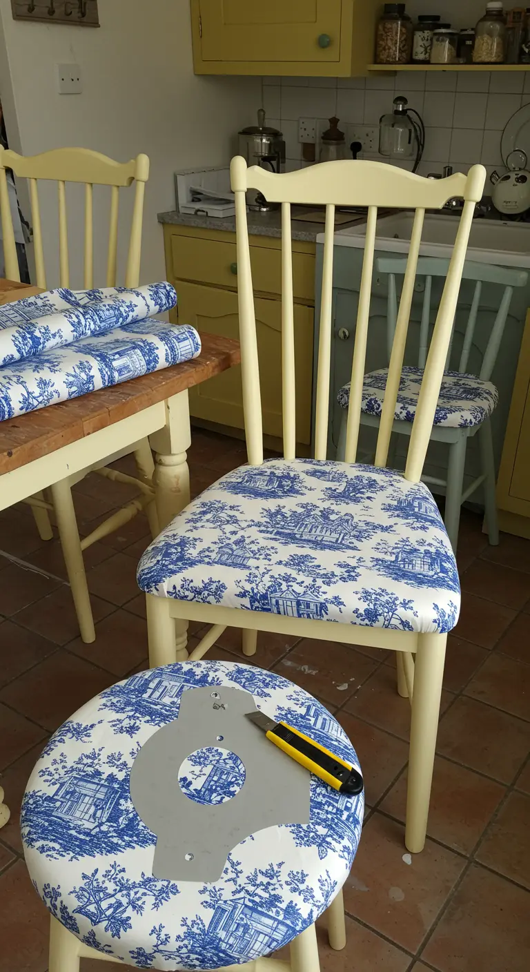 Silla de madera pintada de amarillo pálido con el asiento tapizado en papel vinílico con patrón Toile de Jouy azul y blanco.