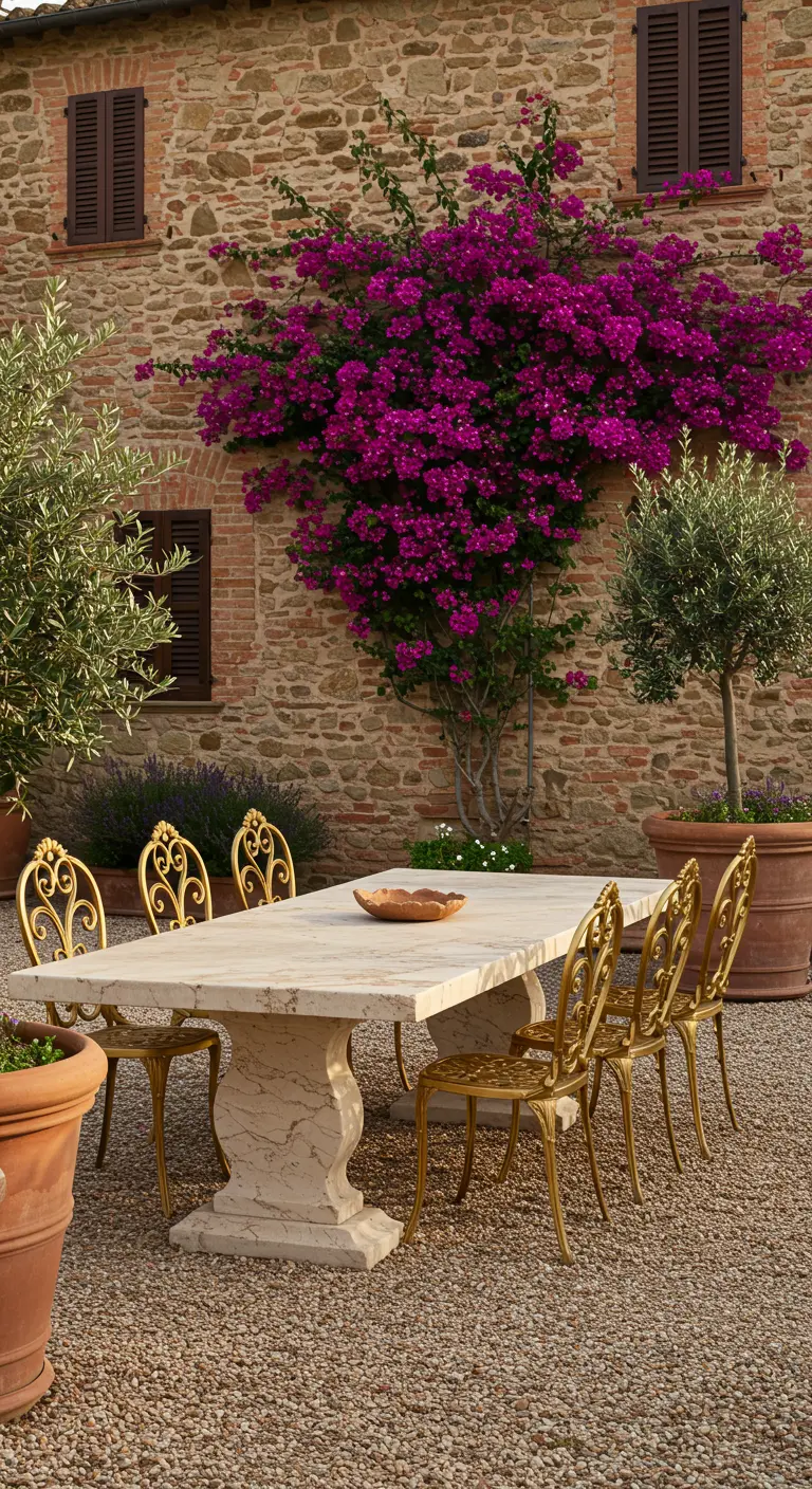 Patio de estilo toscano con mesa de mármol y sillas doradas de estilo rococó
