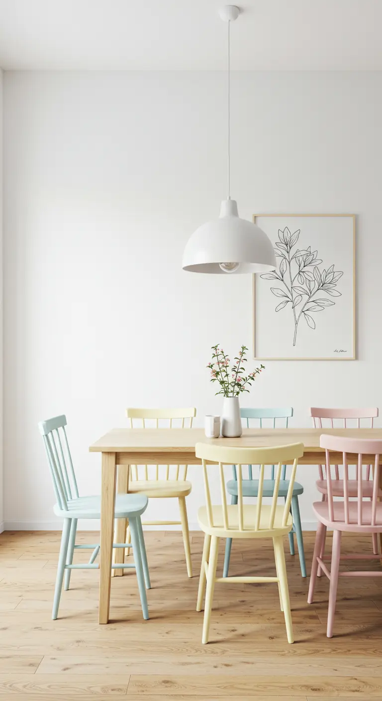 Comedor minimalista con mesa de madera y sillas de diferentes colores pastel.