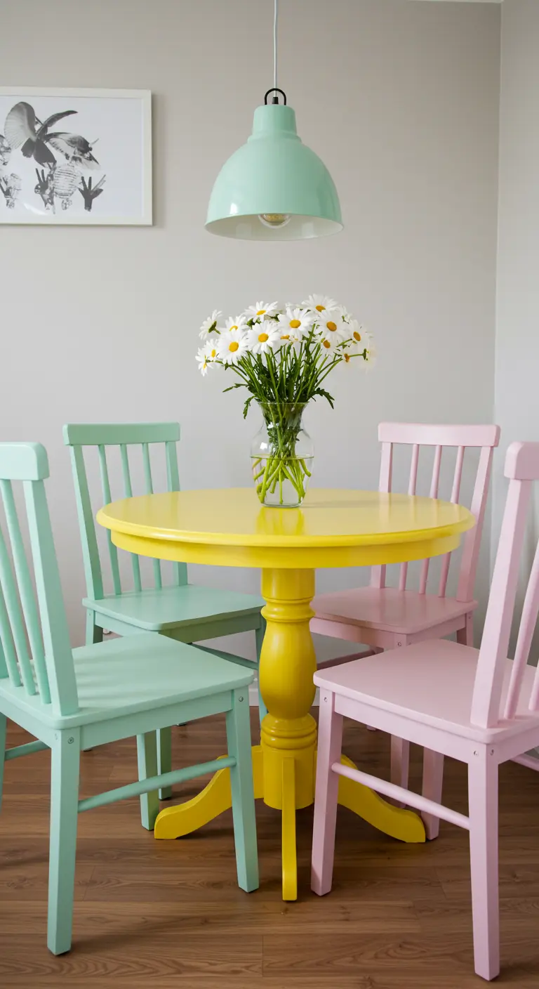 Comedor alegre con sillas de madera pintadas en colores pastel y una mesa amarilla.