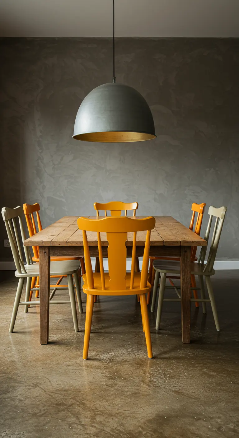 Comedor con mesa de madera y sillas desparejadas en tonos mostaza y naranja.