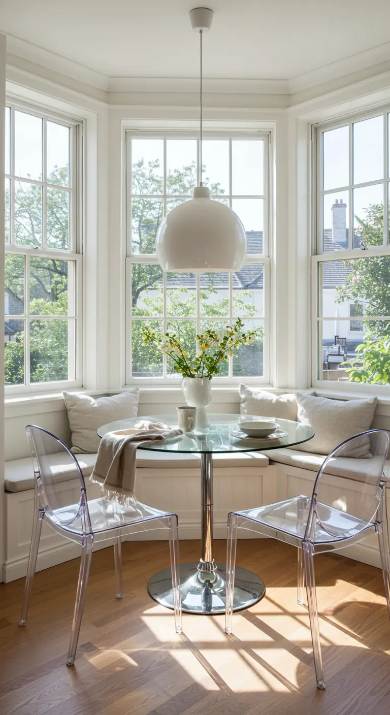 Rincón de desayuno luminoso con un banco, mesa redonda de cristal y dos sillas transparentes
