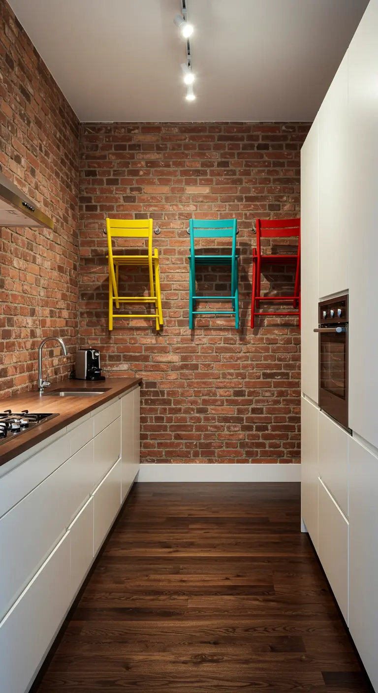 Tres sillas plegables de colores vivos (amarillo, turquesa y rojo) colgadas en una pared de ladrillo