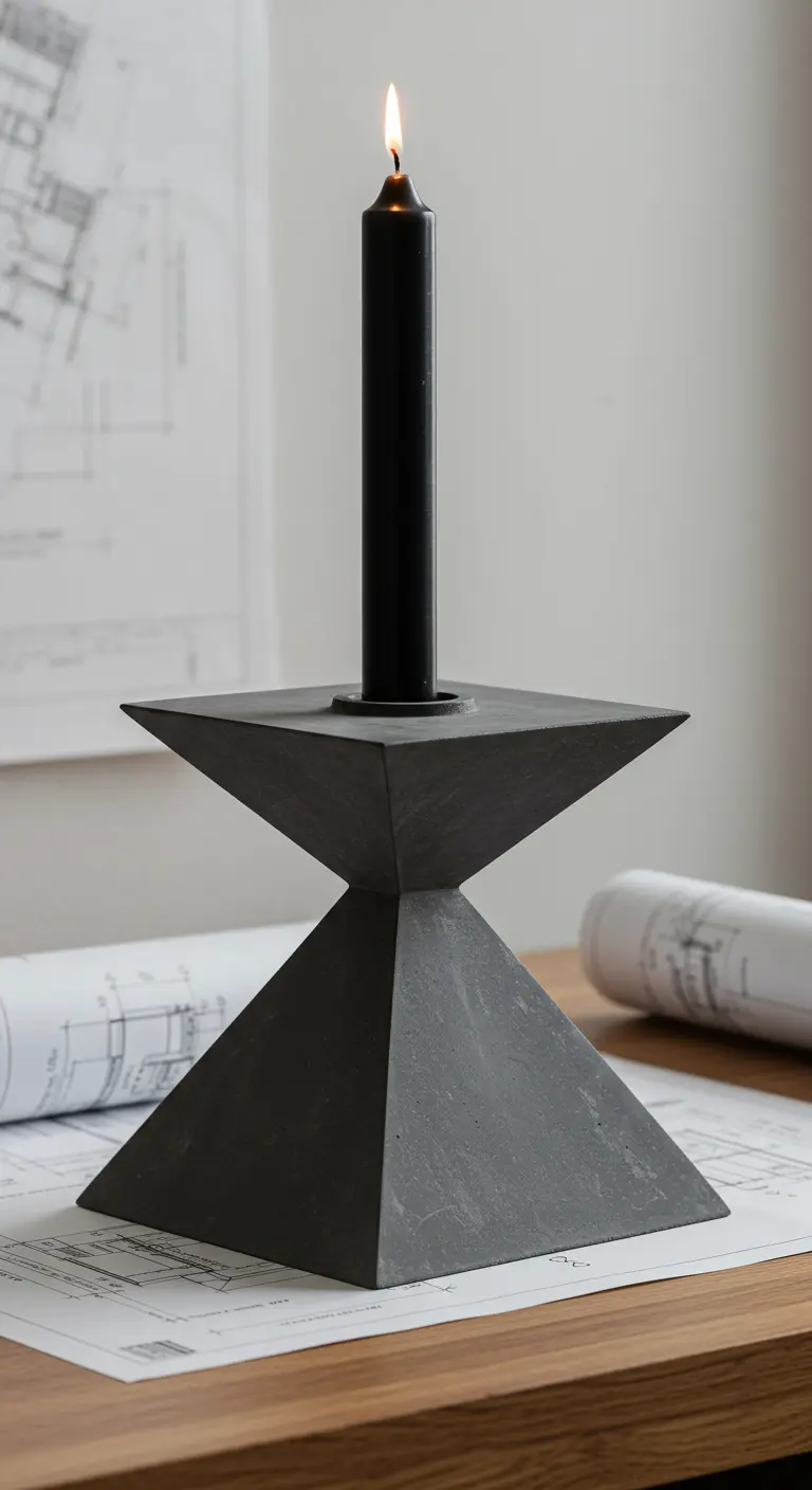 Candelabro de cemento negro con una silueta geométrica de reloj de arena.