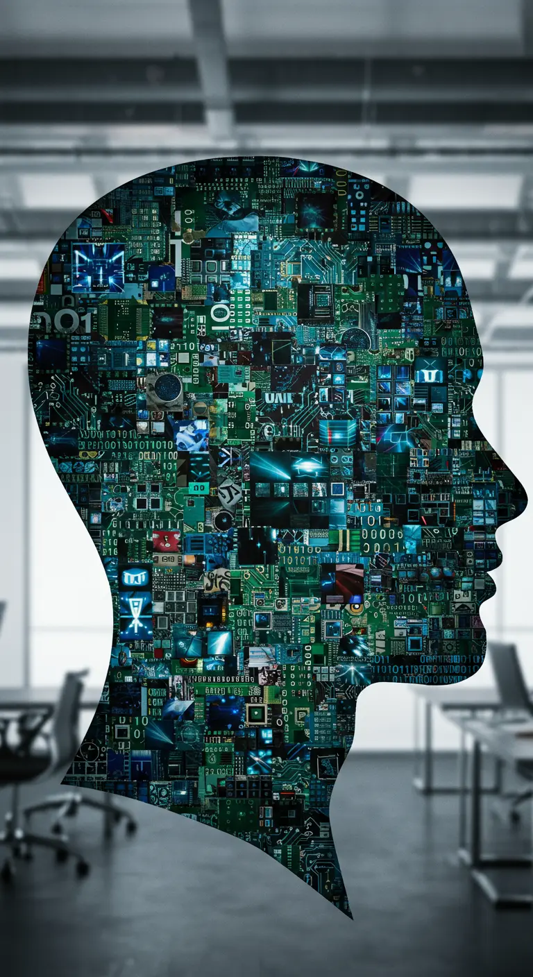 Collage de circuitos y componentes electrónicos dentro de la silueta de una cabeza humana.