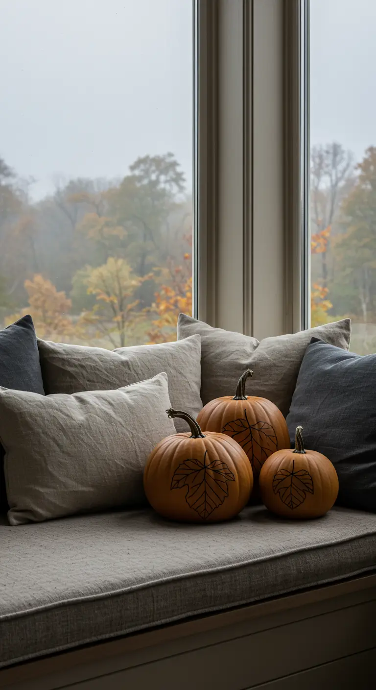 Tres calabazas naranjas con sencillos dibujos de contornos de hojas, colocadas en un asiento de ventana.