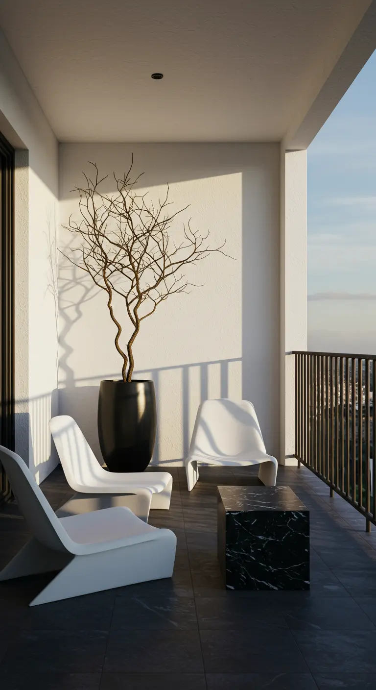 Balcón moderno con sillas blancas de diseño, una mesa de mármol negro y una rama seca en una maceta.