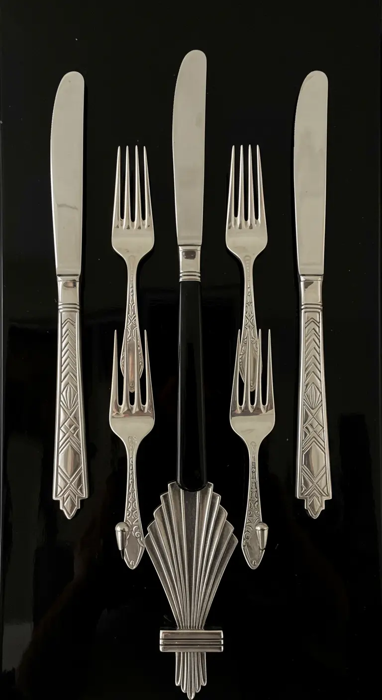 Composición simétrica de cubiertos de plata de estilo Art Decó sobre un fondo negro.