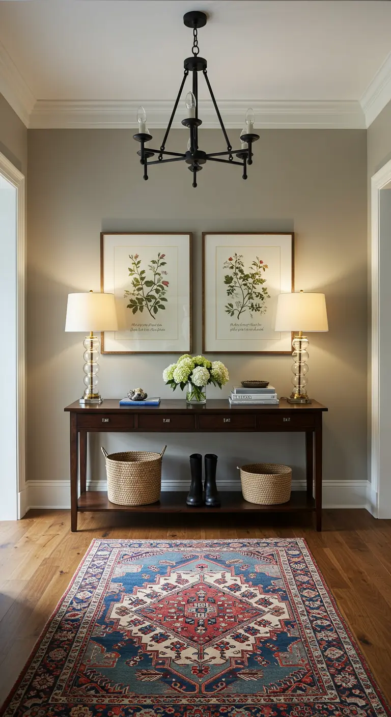 Recibidor tradicional y simétrico con dos láminas botánicas enmarcadas sobre una consola oscura.