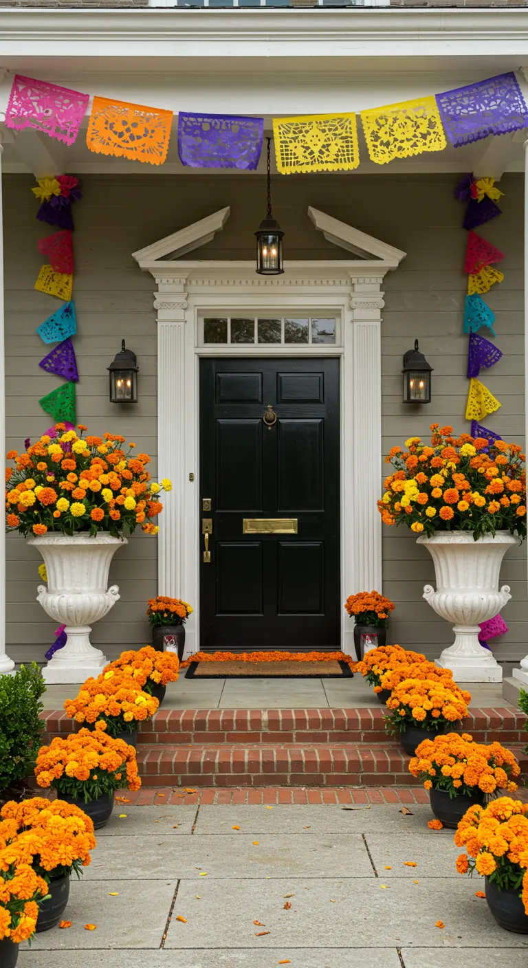 Entrada clásica con columnas blancas, decorada simétricamente con urnas de cempasúchil.
