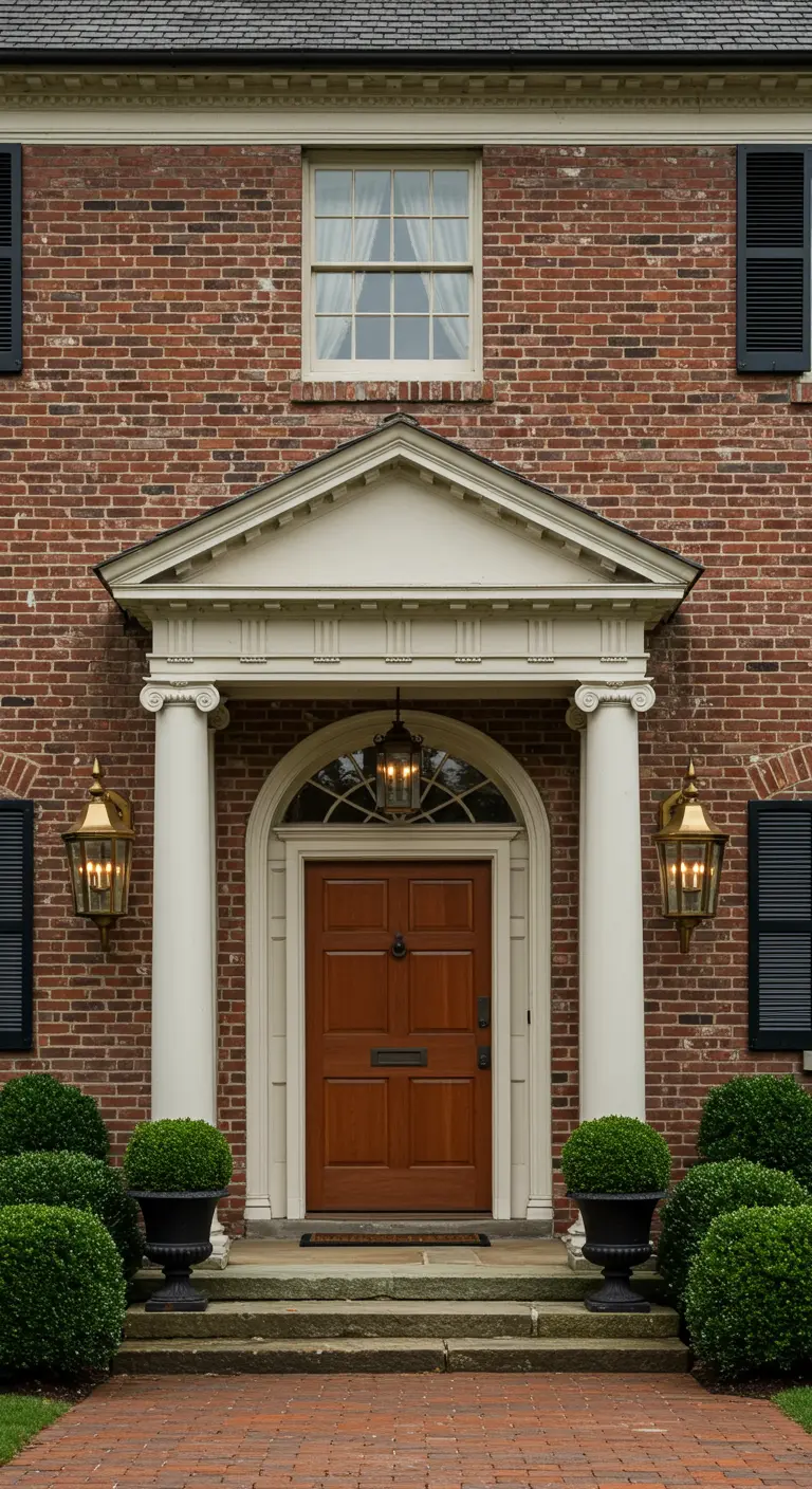 Entrada de ladrillo rojo con puerta de madera arqueada, columnas blancas y arbustos esféricos