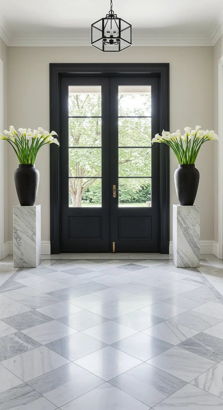 Entrada simétrica con puerta doble negra, dos pedestales de mármol con jarrones y suelo ajedrezado.