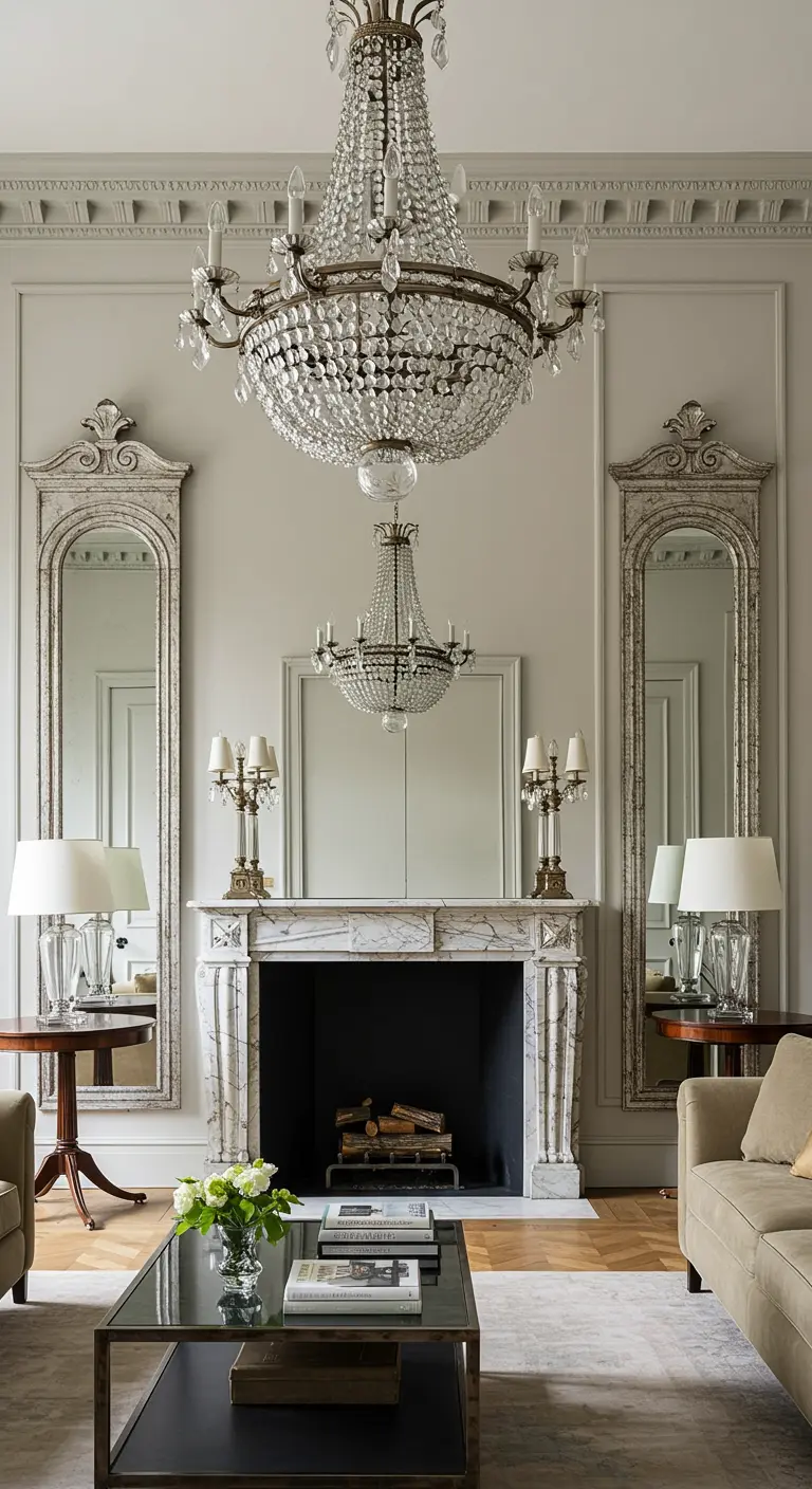 Dos espejos altos y estrechos con marcos ornamentados flanqueando una chimenea de mármol