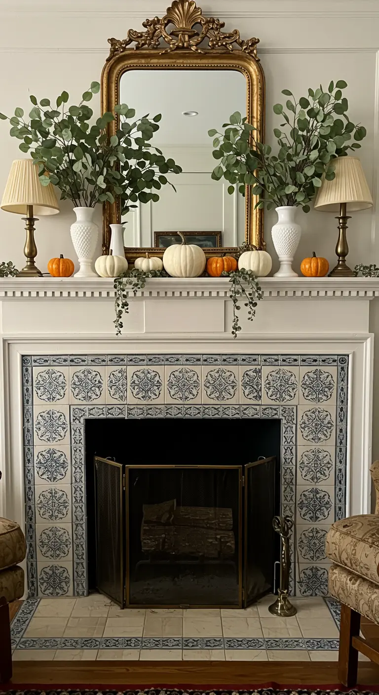 Repisa de chimenea blanca decorada de forma simétrica con un espejo, lámparas, jarrones y calabazas.