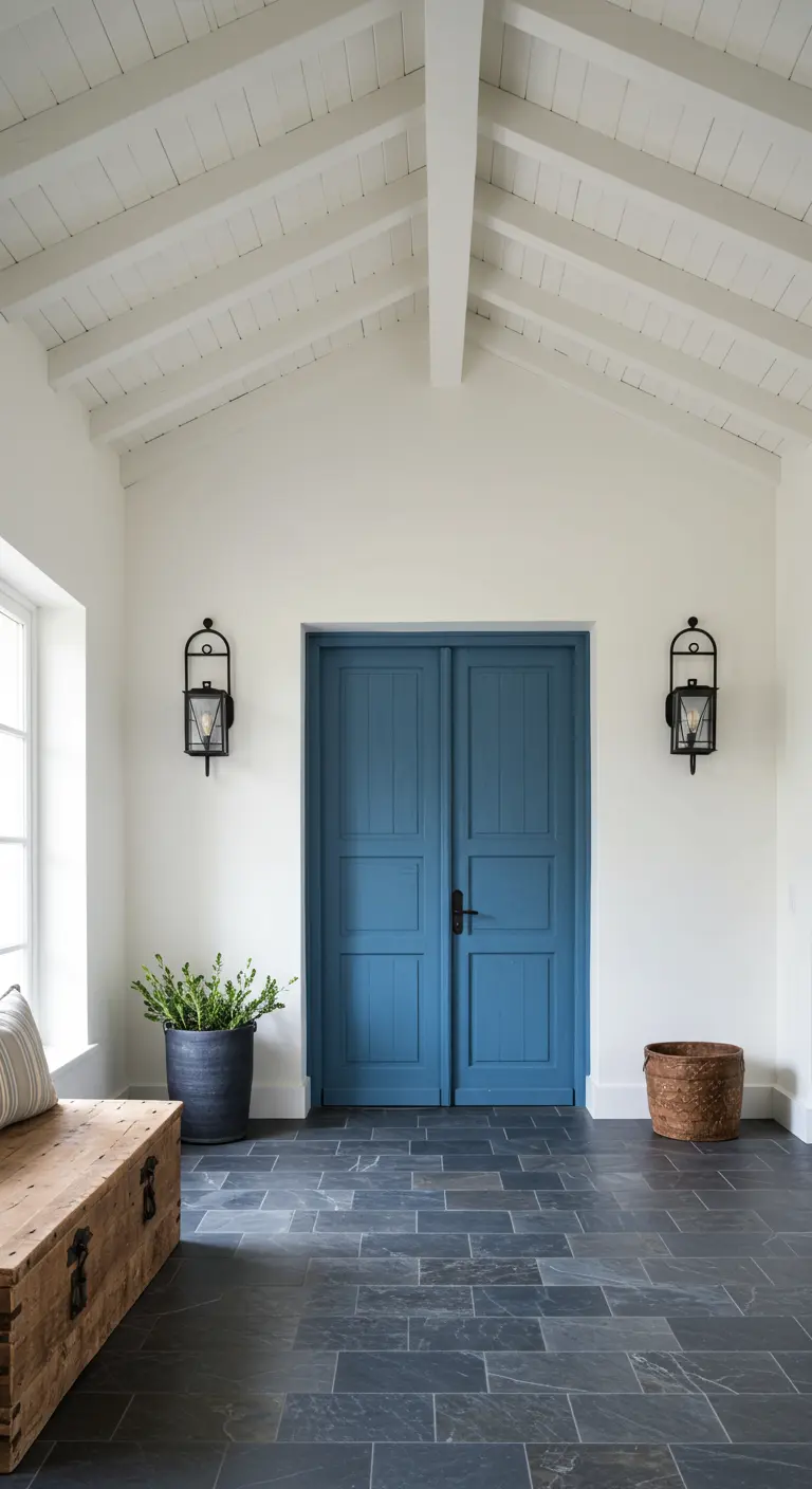 Entrada simétrica con puerta doble azul, techo de lamas blancas y faroles de pared negros.
