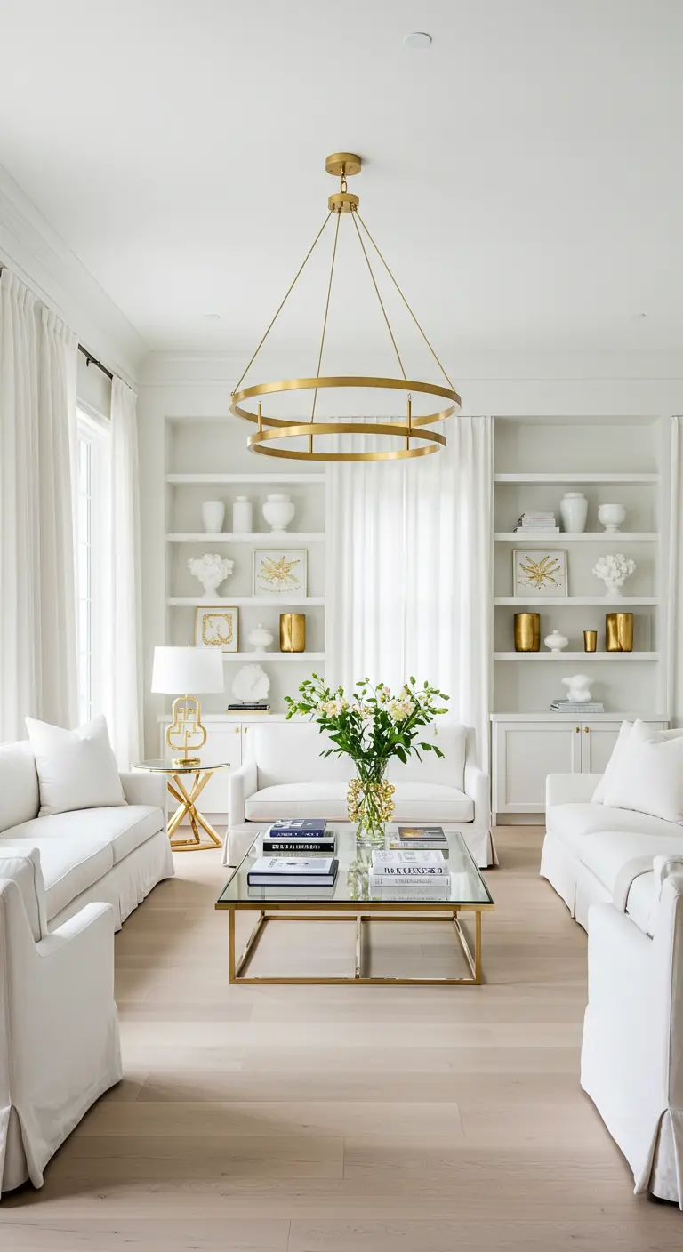 Salón blanco simétrico con estanterías empotradas, sofás blancos y una lámpara colgante dorada de dos aros