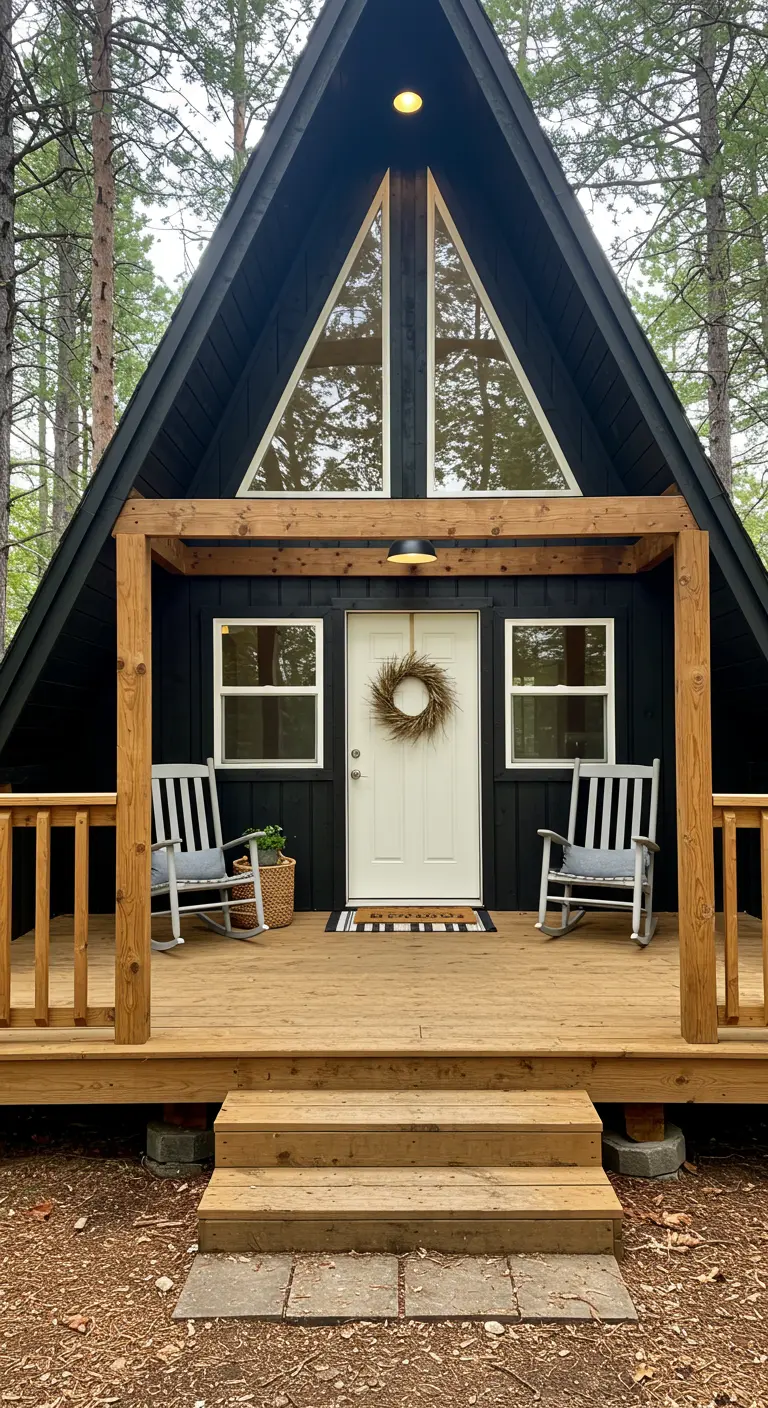 Porche de una cabaña en forma de A con dos mecedoras grises y una corona de ramas.