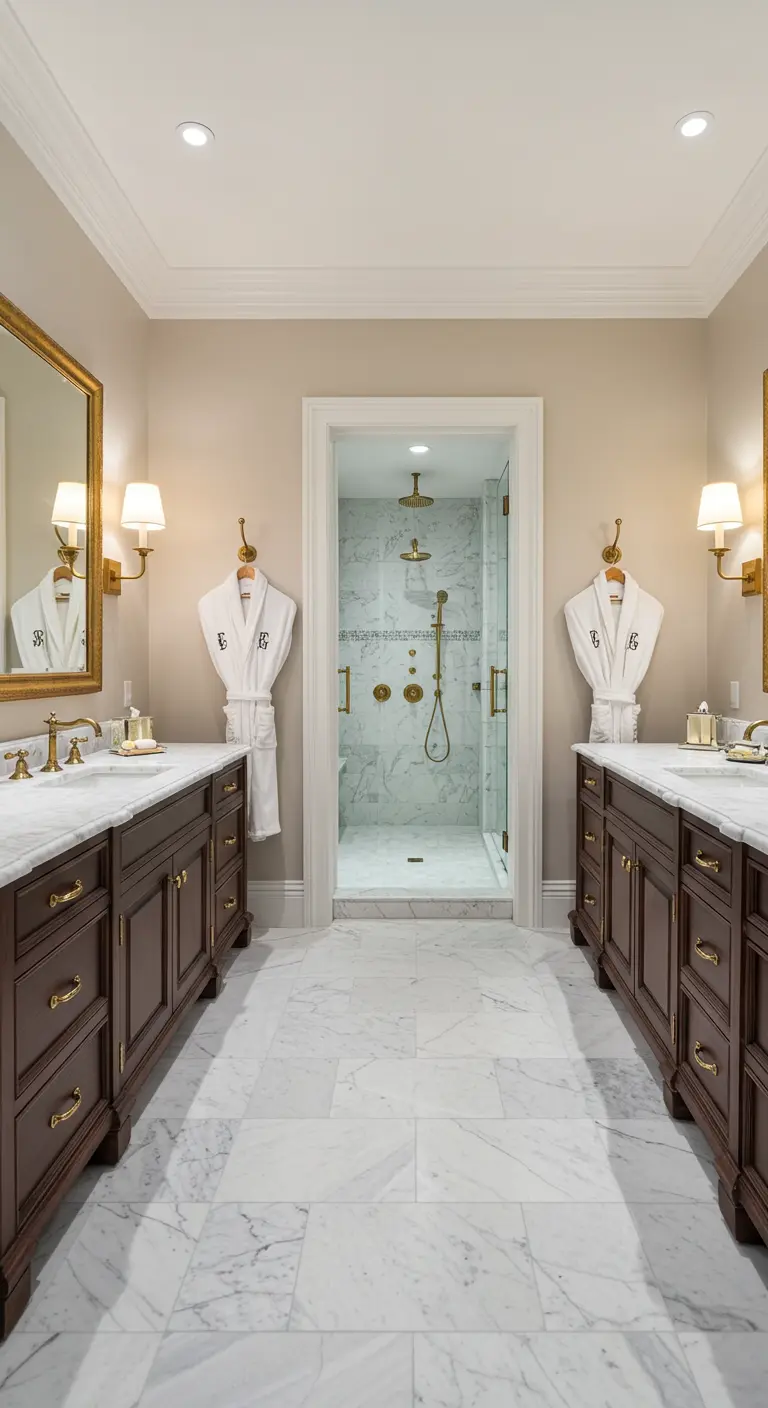 Baño simétrico con dos tocadores de madera oscura, suelo de mármol y albornoces colgados.