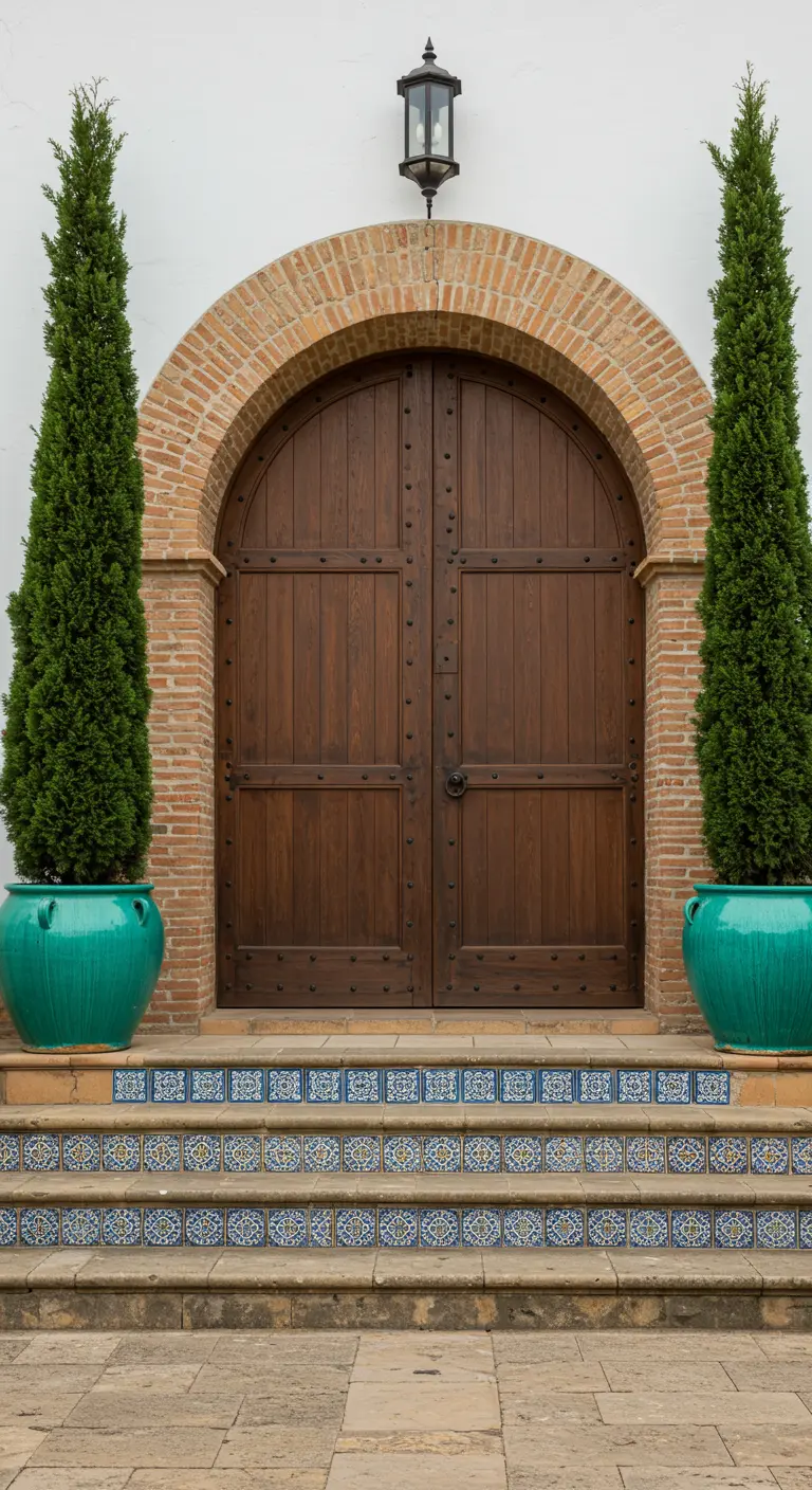 Puerta de madera en arco flanqueada por dos cipreses en grandes macetas de color turquesa.
