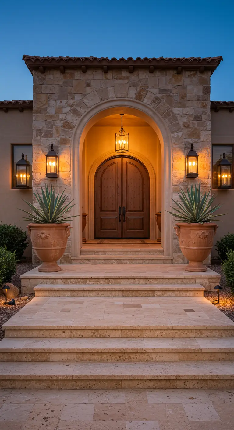 Entrada señorial de piedra con una puerta de arco y dos grandes urnas de terracota simétricas