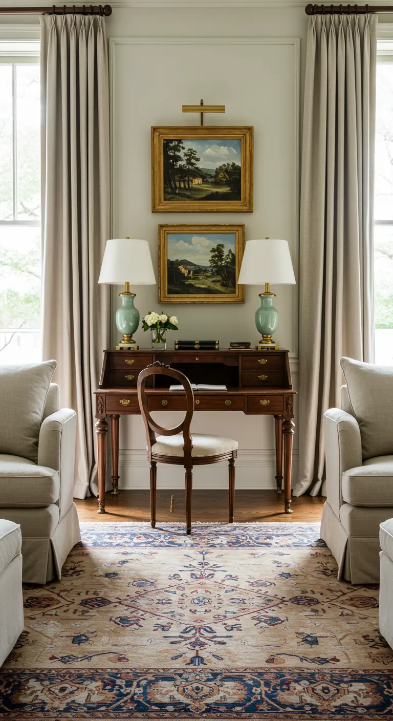 Escritorio de madera tradicional colocado simétricamente entre dos ventanas y dos sillones.