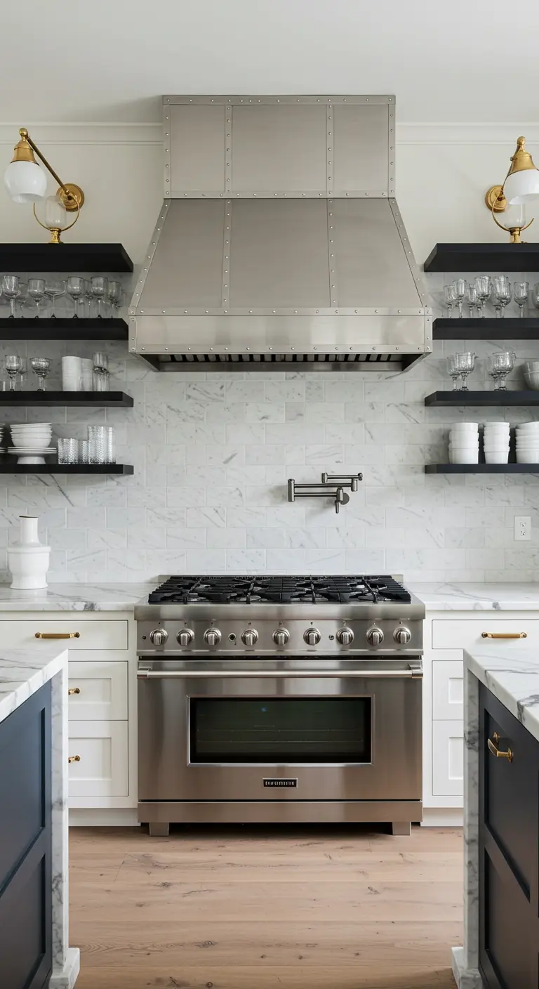 Cocina simétrica con campana de acero inoxidable flanqueada por estanterías negras.