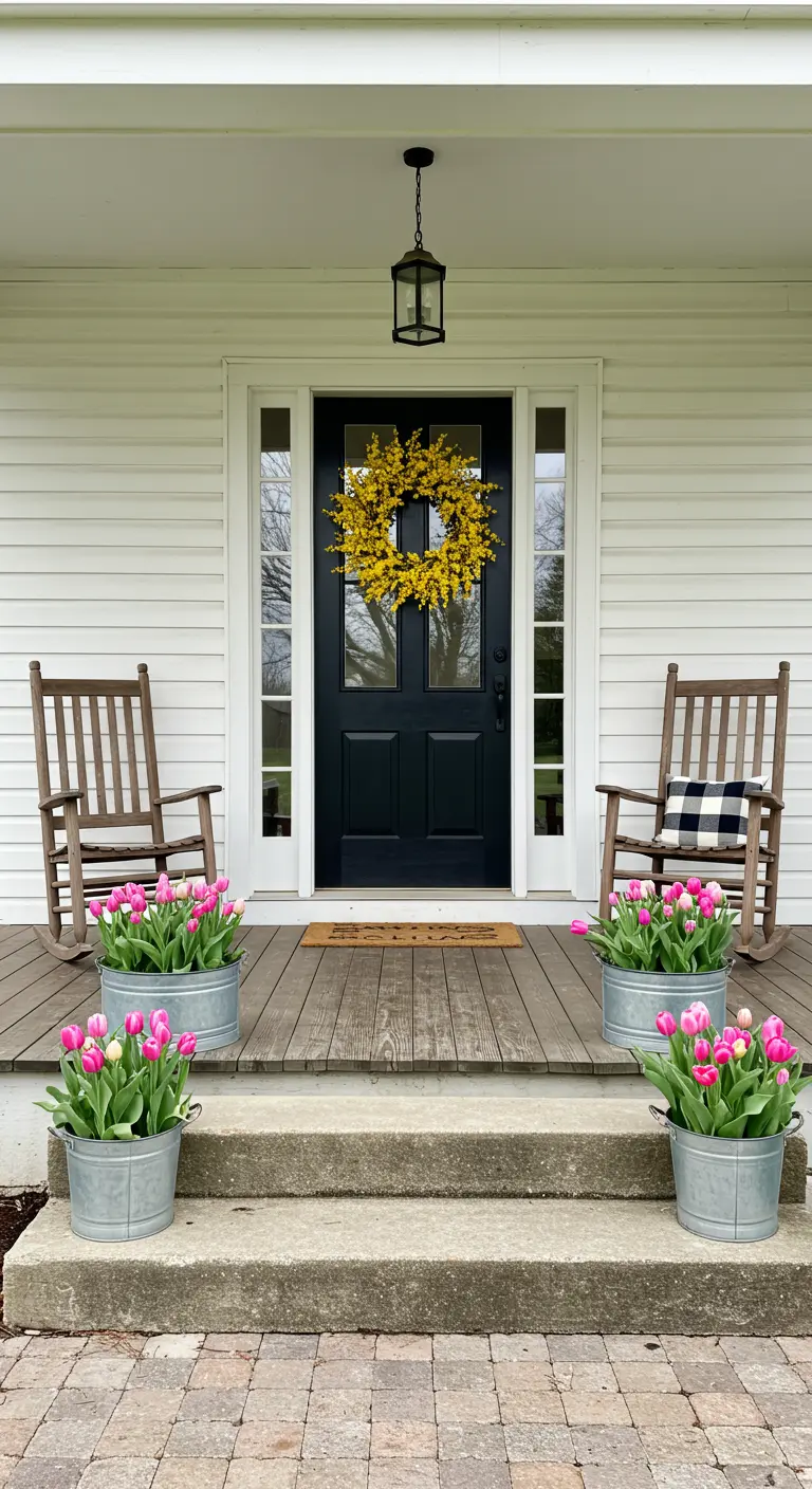 Porche blanco con puerta negra, corona amarilla, mecedoras y tulipanes rosas en cubos de zinc