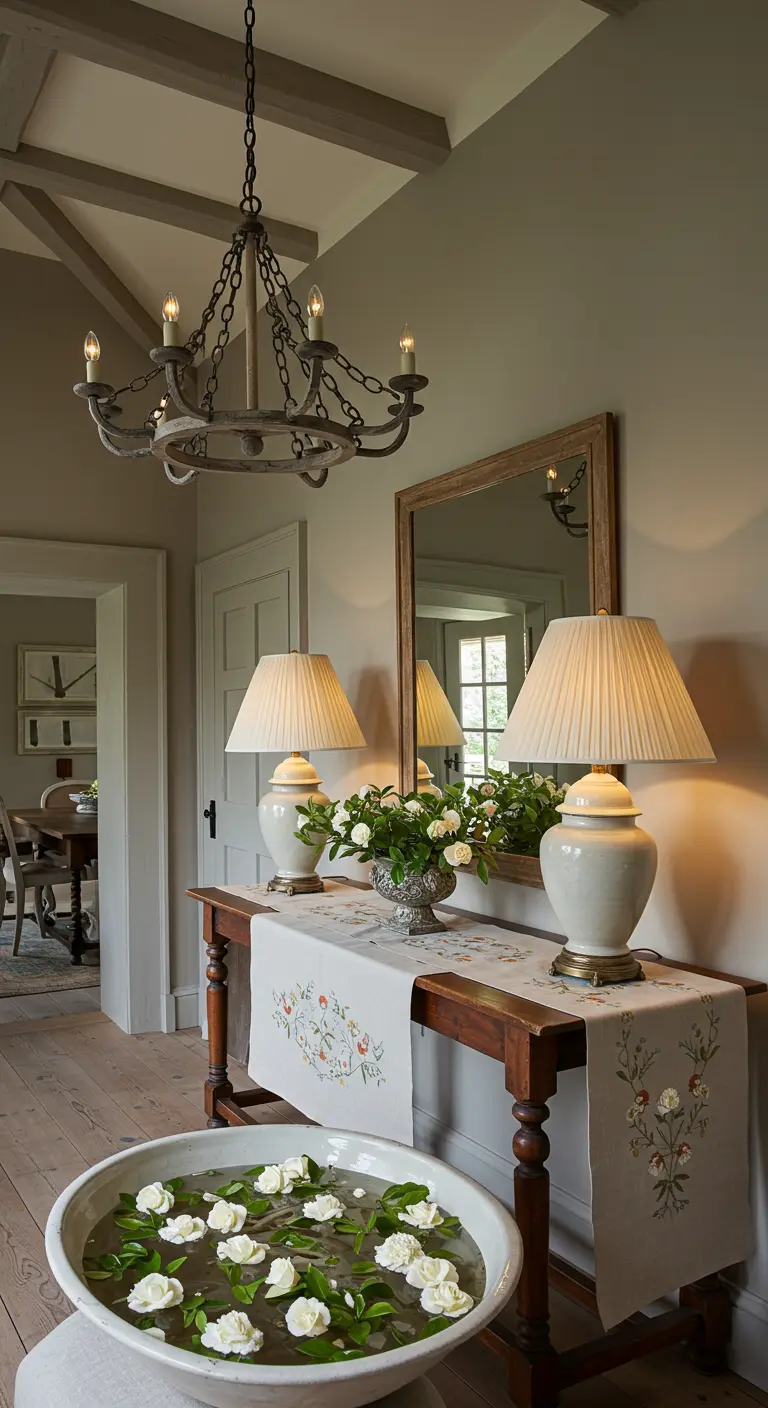 Consola de madera con dos lámparas simétricas y un cuenco con gardenias flotando en agua.