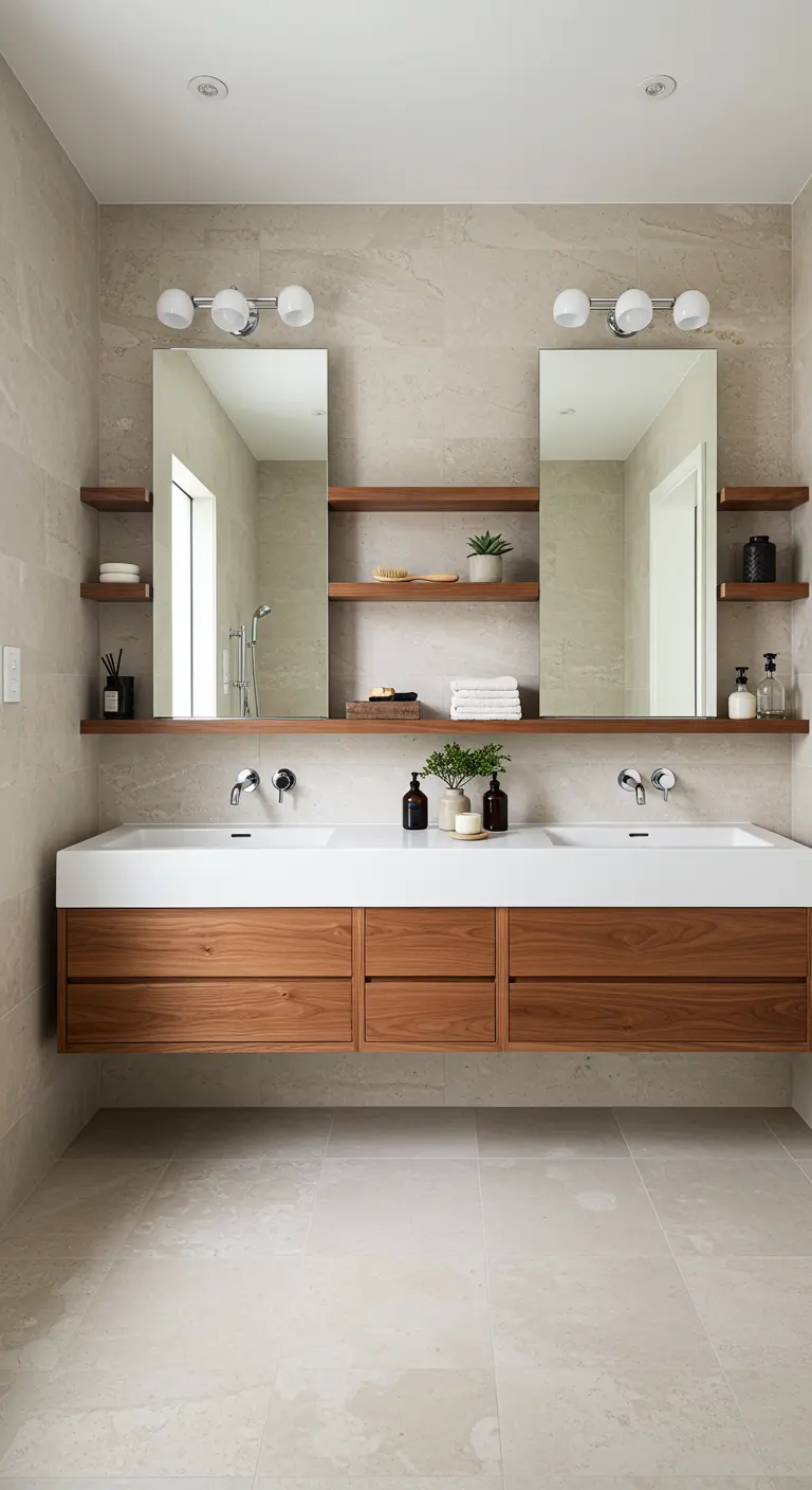 Baño con lavabo doble y estanterías de madera simétricas entre los espejos.