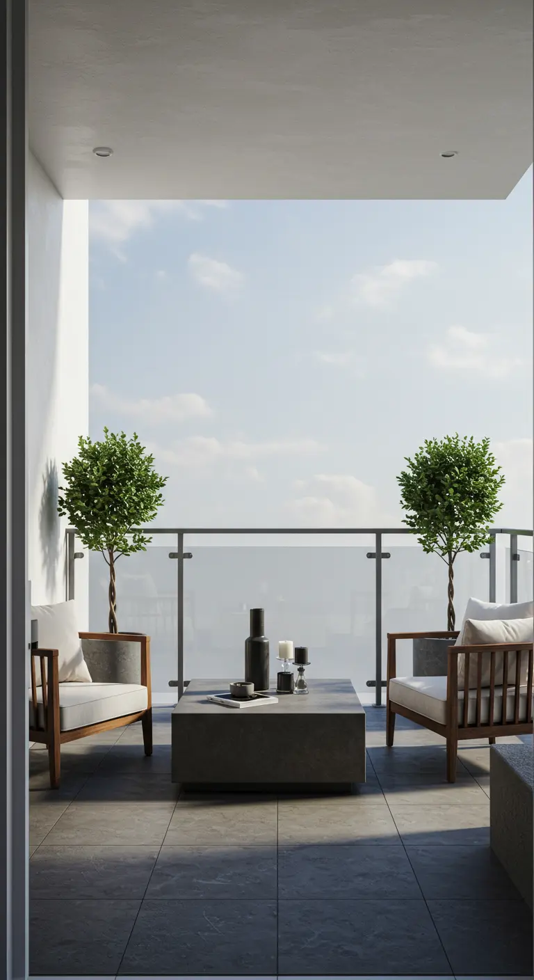 Balcón simétrico con dos sillones de madera y cojines claros enfrentados a una mesa de cemento