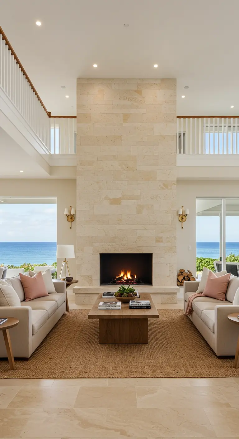Sala de estar simétrica con chimenea de piedra, dos sofás beige y vistas al mar.