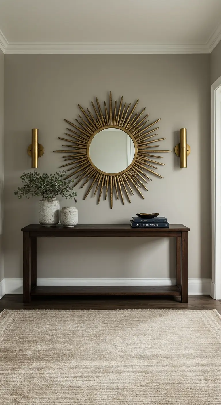 Entrada simétrica con espejo de sol flanqueado por dos apliques dorados sobre una consola oscura.