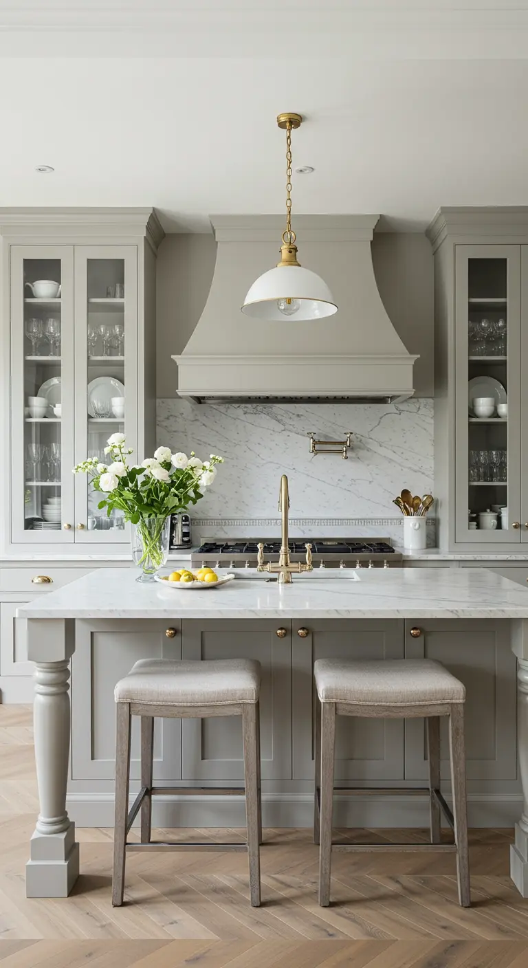 Cocina elegante en tonos grises con dos vitrinas simétricas flanqueando la campana extractora.