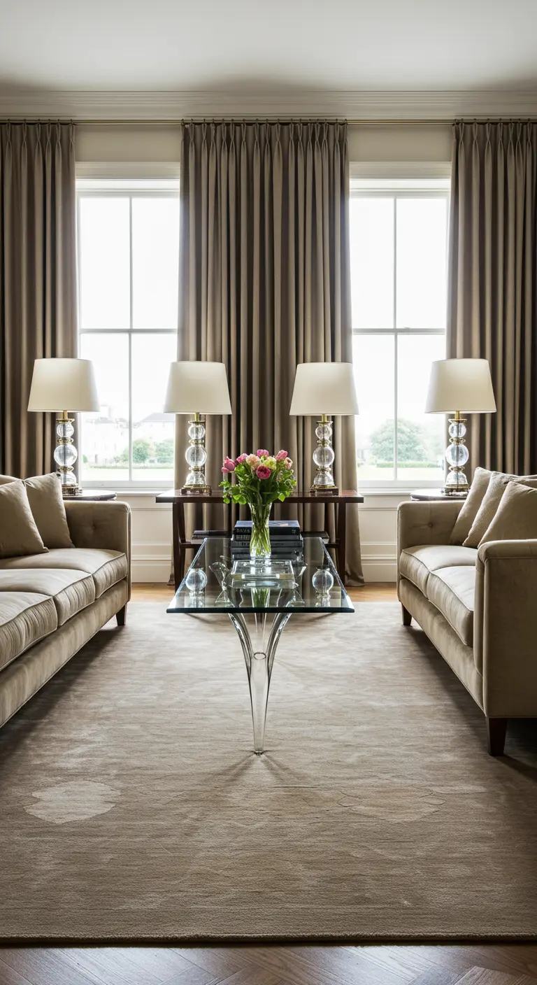 Salón formal y simétrico con dos sofás de terciopelo beige enfrentados y una mesa de centro de cristal.