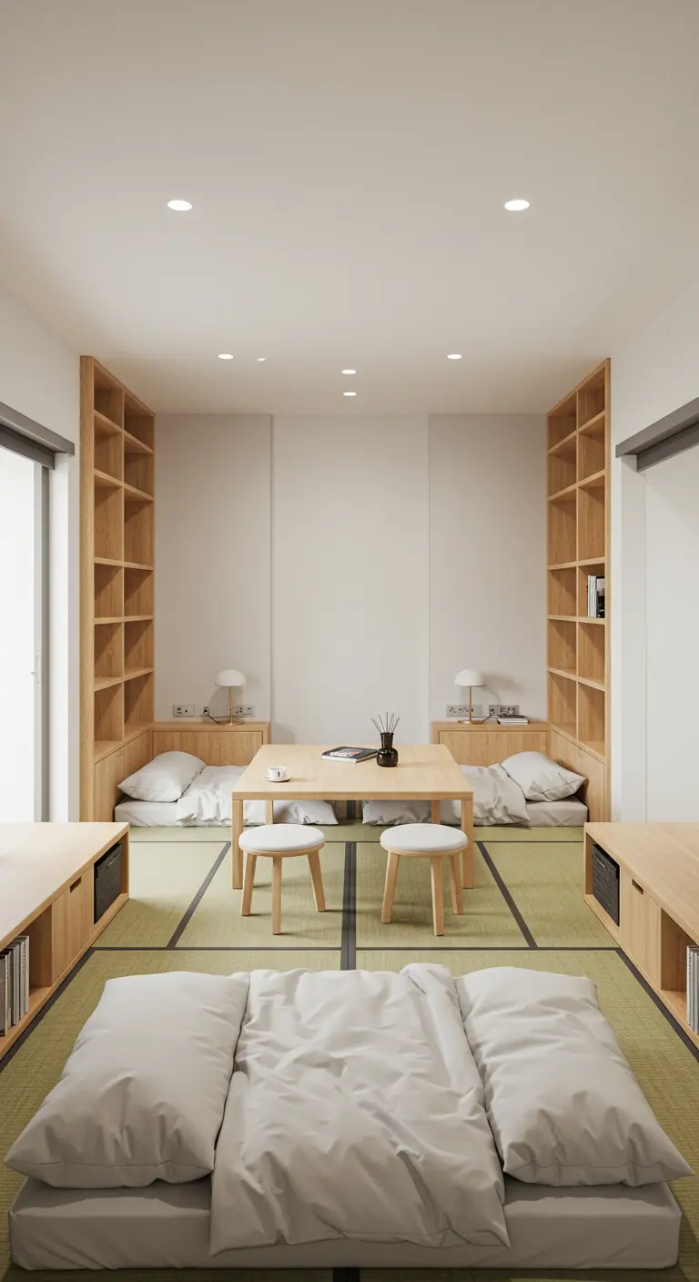 Habitación infantil simétrica con dos camas bajas, estanterías y una mesa central.