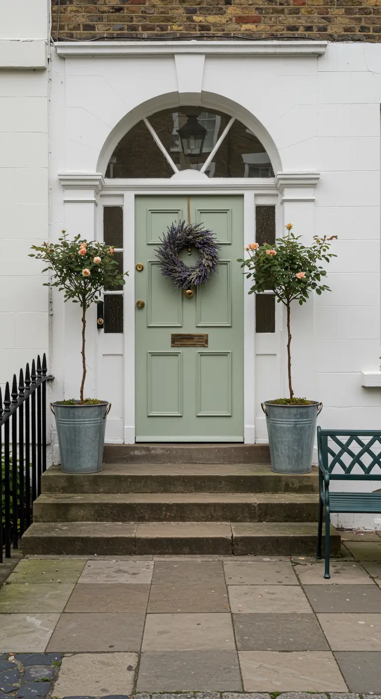Entrada con puerta verde salvia, corona de lavanda y dos rosales de pie en cubos de metal.