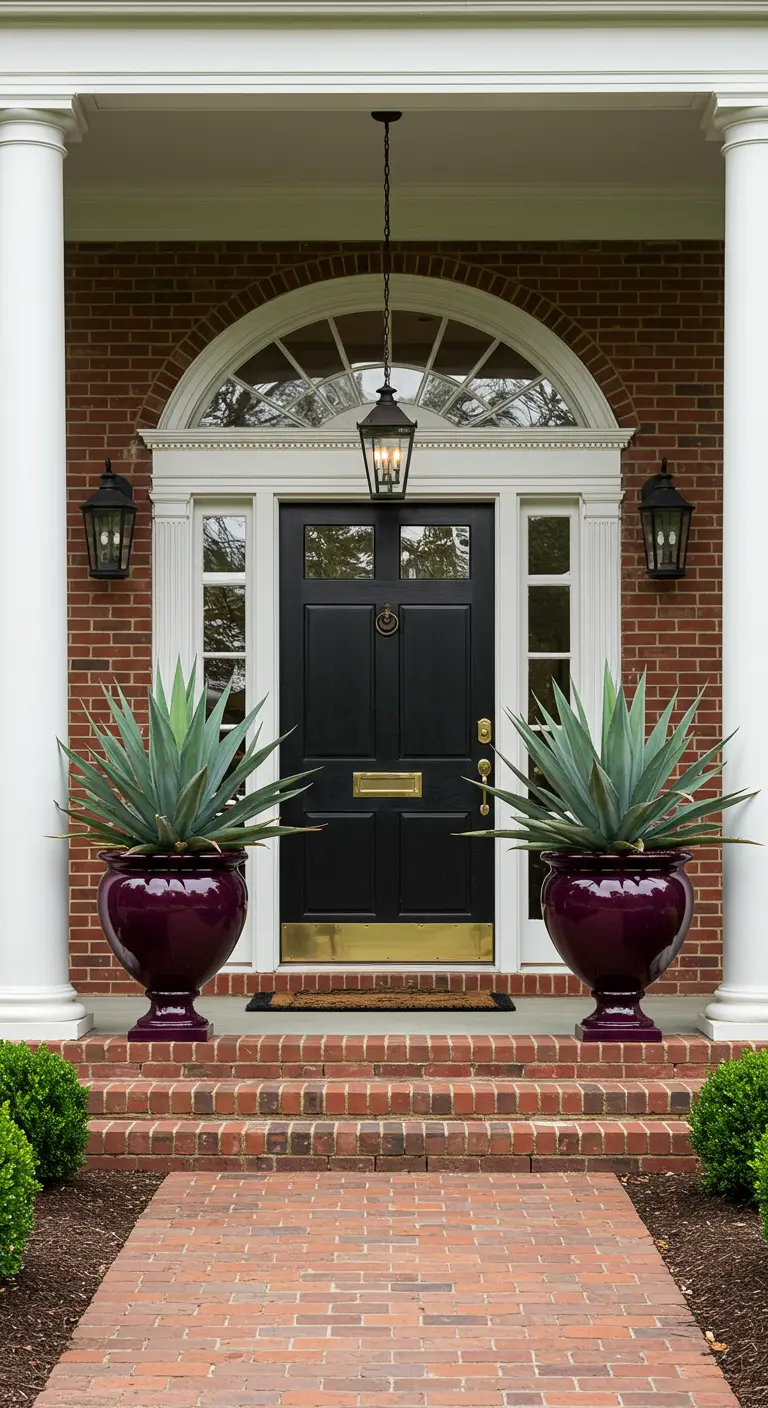 Entrada clásica con puerta negra y dos grandes macetones morados brillantes con agaves a cada lado.
